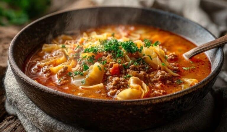Golumpki soup unstuffed in a rustic bowl with cabbage, beef, rice, and tomato broth