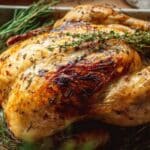 Herb roast chicken with golden skin, lemon, garlic, and fresh herbs