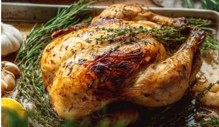 Herb roast chicken with golden skin, lemon, garlic, and fresh herbs