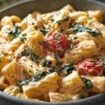Bowl of high-protein cottage cheese pasta with spinach and tomatoes on a rustic table