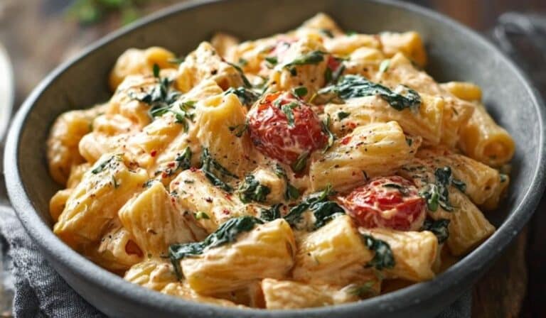 Bowl of high-protein cottage cheese pasta with spinach and tomatoes on a rustic table