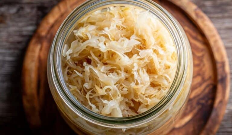 Homemade sauerkraut 7-day in a glass jar with crisp fermented cabbage