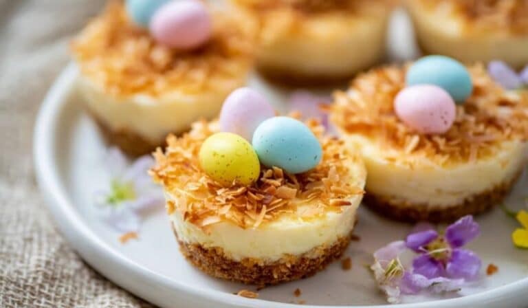 Lemon cheesecake Easter nests on a platter with toasted coconut and candy eggs
