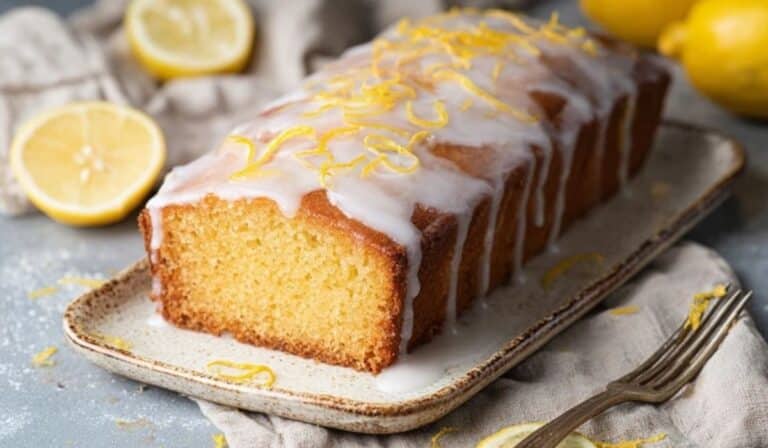 Lemon drizzle loaf cake with glossy icing and fresh lemon zest on a platter