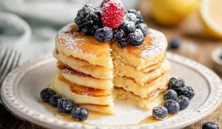 Fluffy lemon ricotta pancakes stacked high with berries and powdered sugar