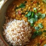 Overhead bowl of lentil dal with brown rice topped with cilantro and lemon.