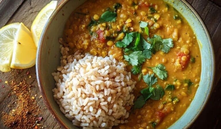 Overhead bowl of lentil dal with brown rice topped with cilantro and lemon.