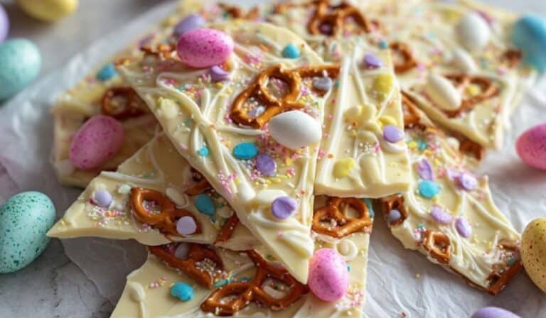 No-bake Easter bark with pastel candy, pretzels, and white chocolate swirls