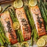 One-pan salmon with asparagus on a sheet pan with lemon and herbs