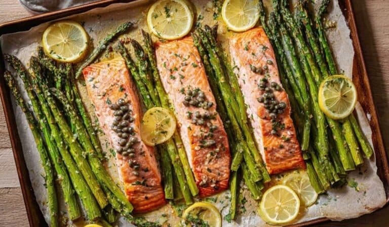 One-pan salmon with asparagus on a sheet pan with lemon and herbs