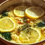 One-pot brothy lemon orzo in a shallow bowl with spinach and fresh herbs