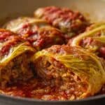 One-pot lazy cabbage rolls in a Dutch oven with beef, cabbage, and rice.