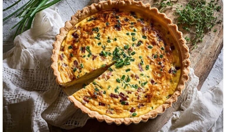Quiche Lorraine with spring herbs baked golden in a flaky crust
