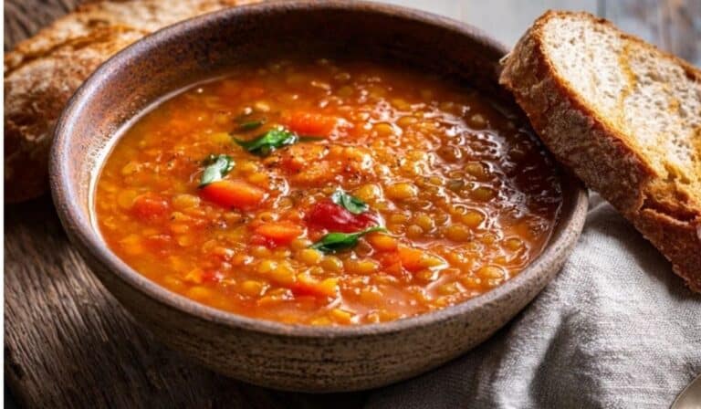 Slow-cooker lentil and tomato soup in a rustic bowl with herbs and bread