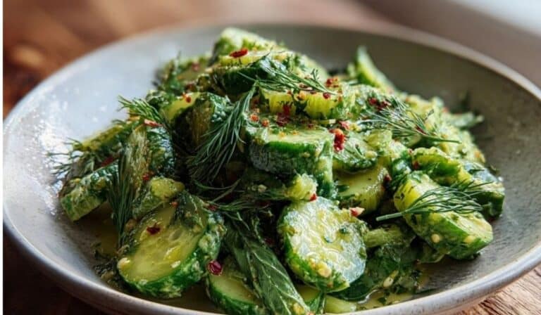 Smashed cucumber and herb salad in a white bowl with fresh herbs