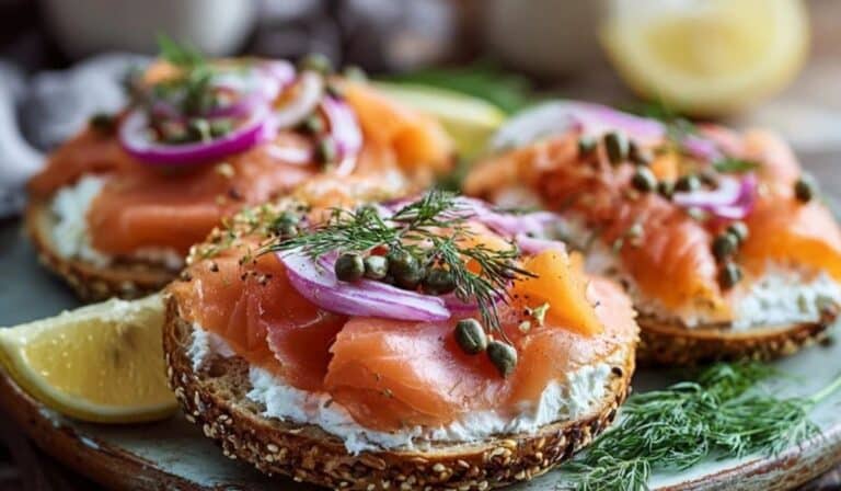 Smoked salmon and cream cheese bagels with capers, dill, and red onion