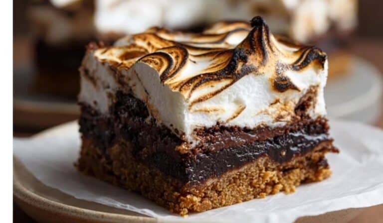 S'mores brownies with meringue stacked to show graham crust and toasted topping