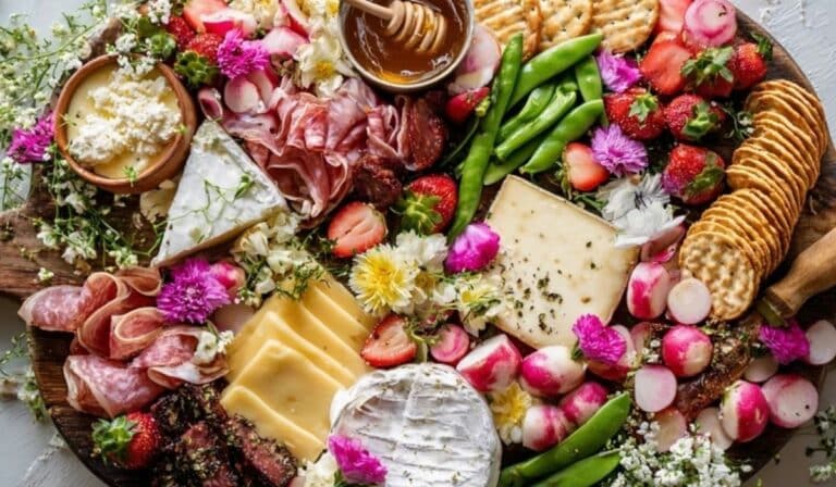 Spring charcuterie board ideas with cheese, berries, veggies, and flowers