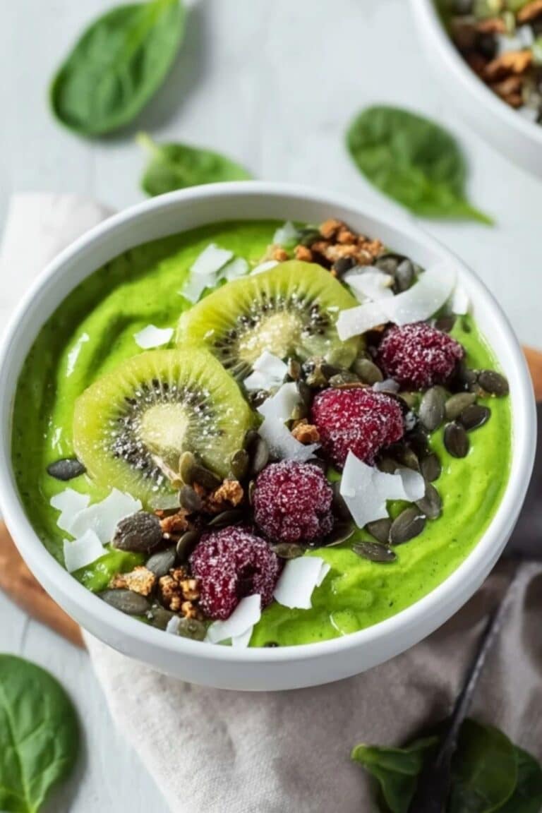 Spring detox green smoothie bowl topped with kiwi, berries, seeds, and coconut on a wooden table