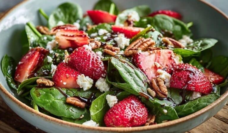 Strawberry spinach salad with feta, pecans, and balsamic dressing