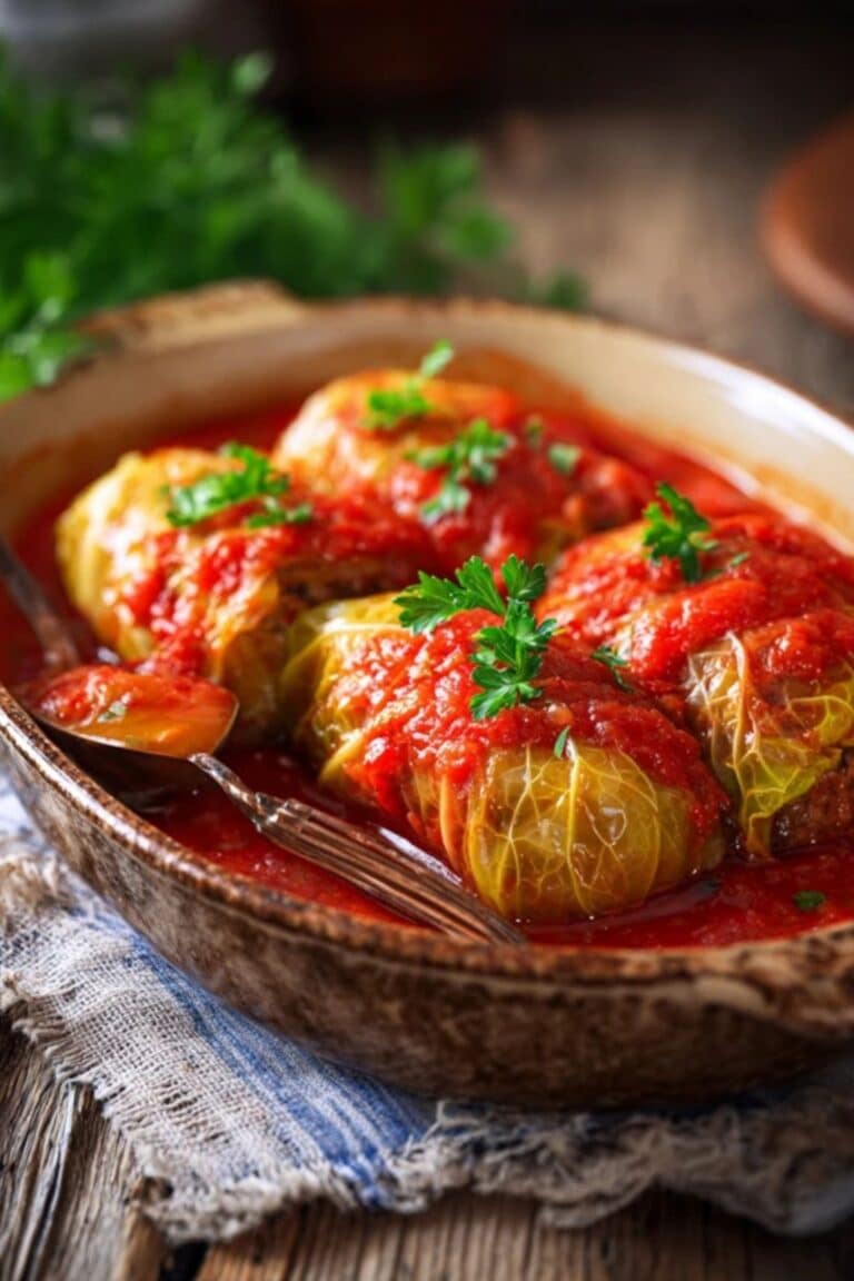 Stuffed cabbage rolls baked in rich tomato sauce in a rustic dish
