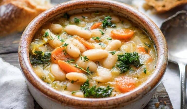 White bean and vegetable stew in a Dutch oven with carrots, kale, and creamy beans